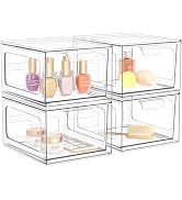 SpaceHacks 4 Pack Stackable Plastic Makeup Organizer Drawers, Acrylic Organizers, Clear Storage B...