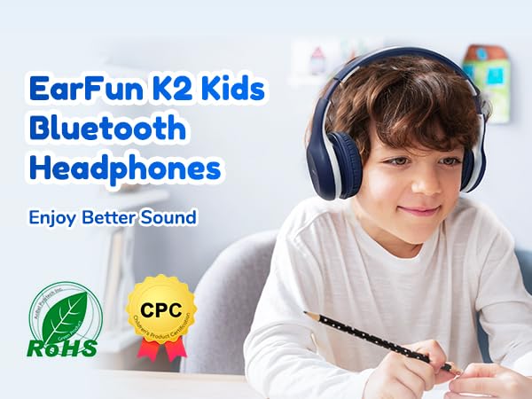 EarFun K2 Kids Bluetooth Headphones shown on a child. Blue and white over-ear design. Product features RoHS certification and CPC approval for better sound quality.