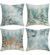 Ni-JASW Teal Deer Trees Christmas Throw Pillow Covers 18x18 inch, Merry Christmas Winter Holiday ...