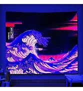 Ovenbird Blacklight Tapestry UV Reactive with Japanese Anime Great Wave, Wave Wall Tapestry for B...