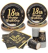 PCLMLES 96pcs 18th Birthday Party Disposable Tableware Set for Men Women Black and Gold Paper Pla...