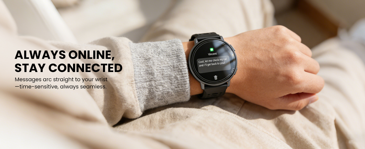 Text reads: 'ALWAYS ONLINE' and 'STAY CONNECTED'. Product lifestyle shots showing hands using a smart device in casual indoor settings.