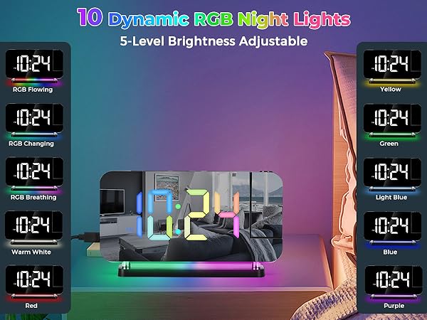led mirror digital alarm clock with rgb night light