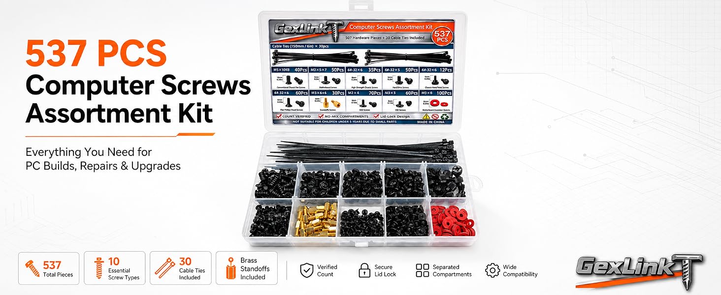 GexLinkT 537 PCS computer screws kit with cable ties, brass standoffs and organized storage