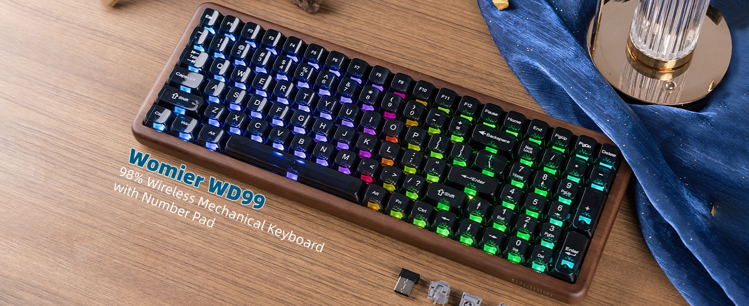 98% Wireless Mechanical Keyboard with Number Pad Natural Walnut Wood Gaming Keyboard