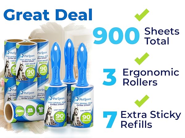 PetLovers lint roller set with handles and refill rolls, 900 sheets.
