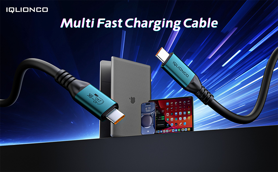 Text reads 'IQIONGCD Multi Fast Charging Cable'. Product showcase of charging cable with blue lighting effects and multiple device connections shown.