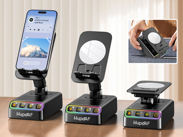 Multiple views of a black smartphone holder/stand with adjustable angles. Shows various positioning options for holding phones in portrait and landscape orientations.