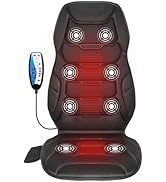 Heated massage chair pad with 8 vibration nodes and red heating elements. Black cushioned design with remote control for adjustable settings.