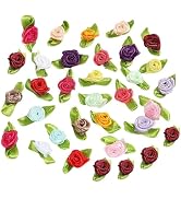 100 Pcs Multicolor Mini Ribbon Rose Flower Ornament, Satin Fabric Rose Buds with Leaves, Mixed Co...