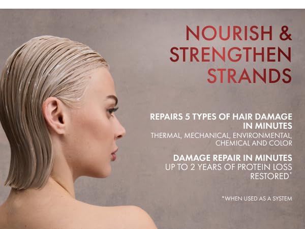 Woman with wet hair covered in product next to text highlighting product benefits.