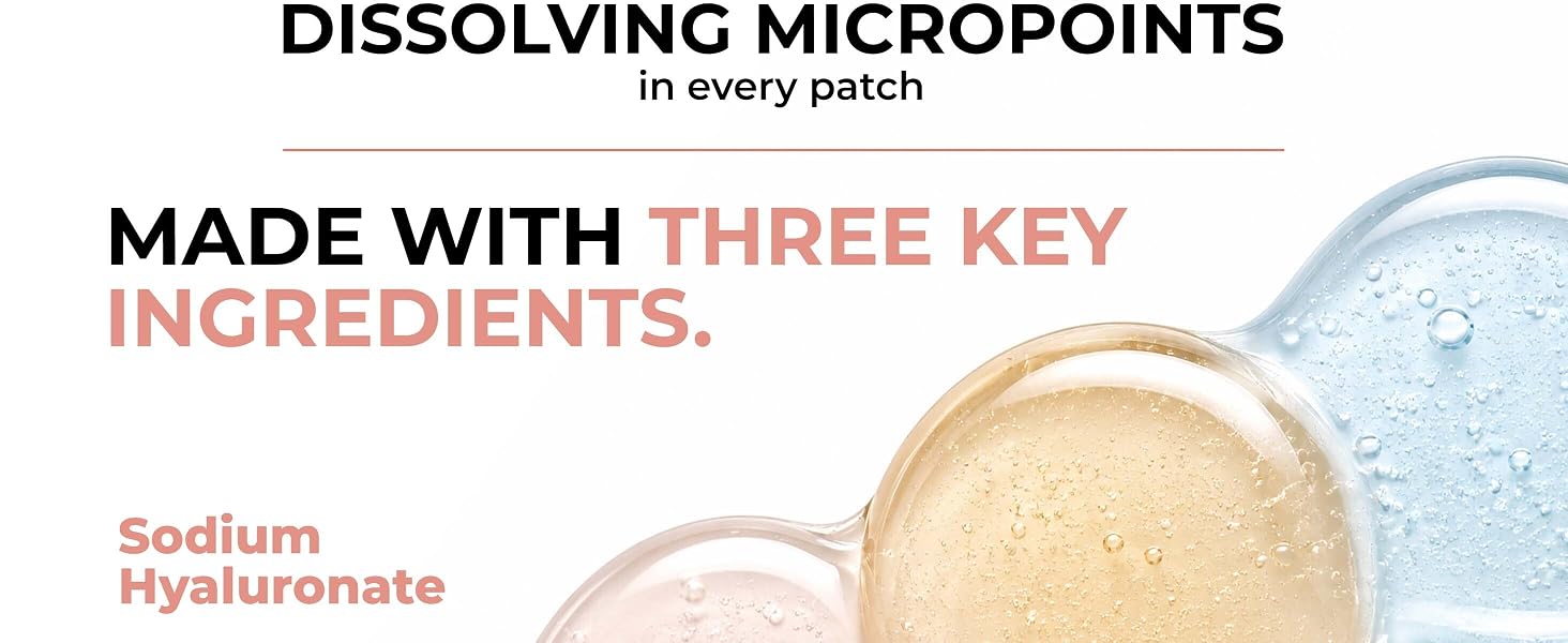 Dissolving micropoints in every patch. Made with three key ingredients. Sodium Hyaluronate