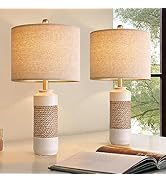 OYEARS 23.75" Boho Retro Bedside Table Lamp Set of 2 Vintage Farmhouse Rattan Lamp Antique White ...