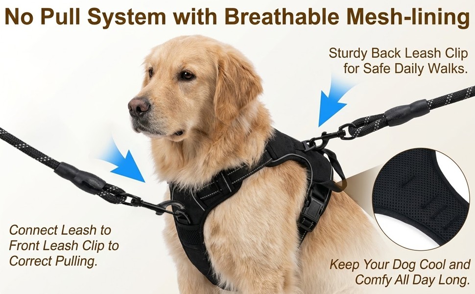 No Pull Dog Harness Medium Reflective Front Clip Vest with Handle,Adjustable 2 Metal Rings 3 Buckles