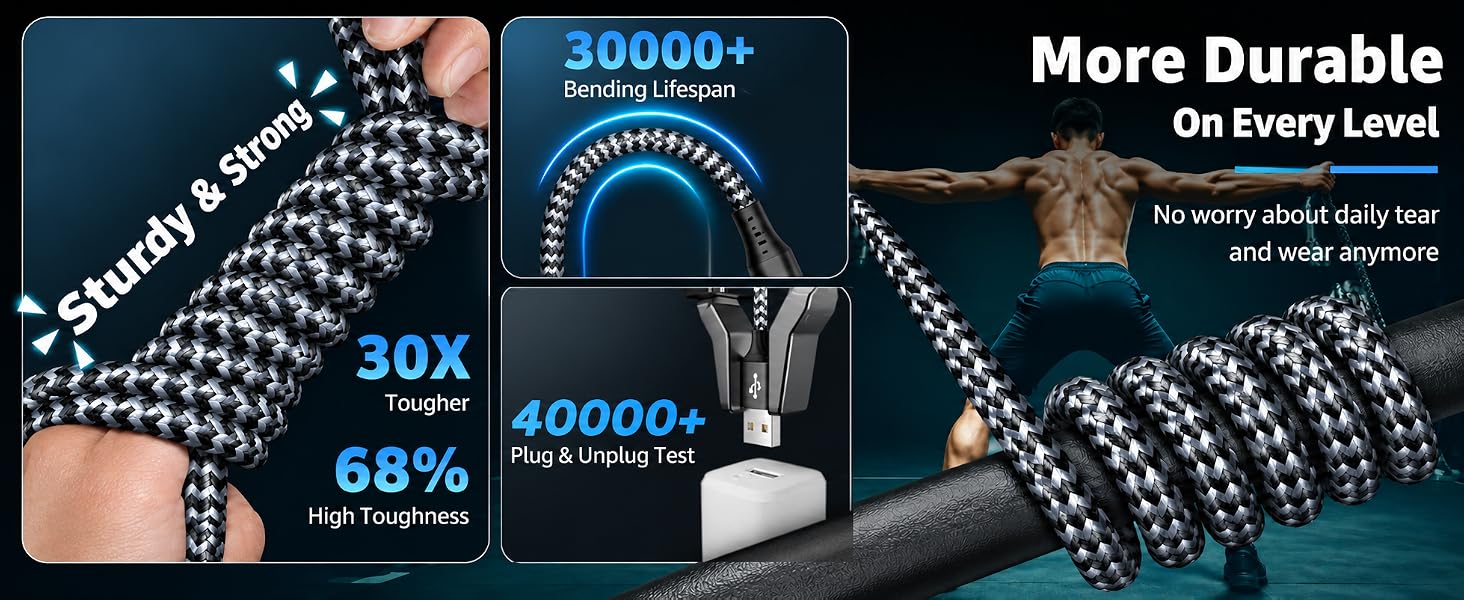 durable braided nylon phone charger cord with heavy duty tangle free cable construction