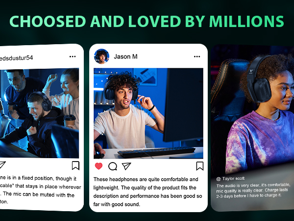 Promotional image for headphones showcasing three users in different settings. Text reads 'CHOOSED AND LOVED BY MILLIONS'. Social media-style layout with user comments visible.