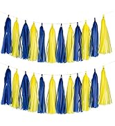 Aimto 20pcs Blue and Yellow Shiny Tassel Garland Banner Tissue Paper Tassels for Party Decorations