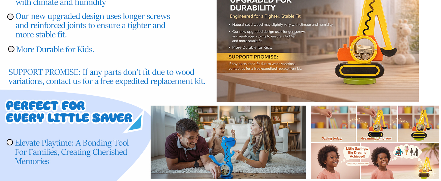 Upgraded wooden coin bank with reinforced screws for a tighter and more stable fit