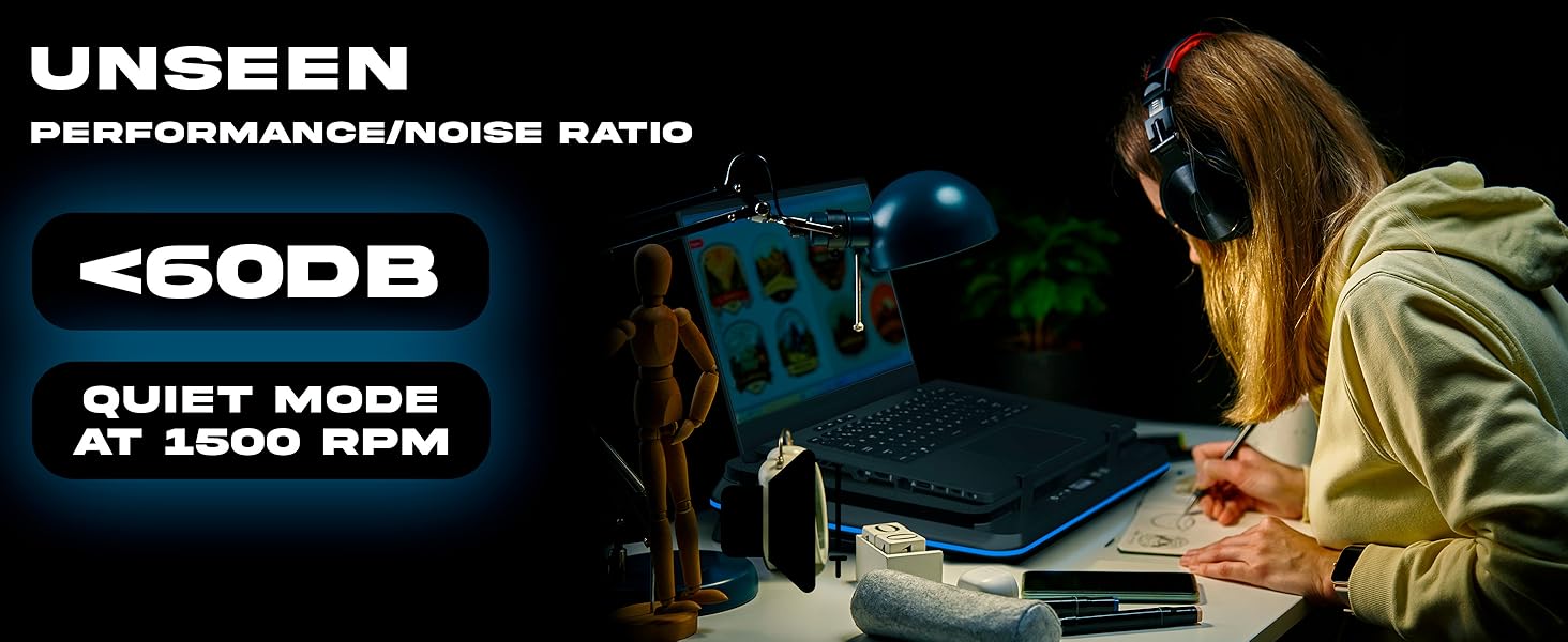 Text reads 'UNSEEN <60DB', 'QUIET MODE AT 1600 RPM', 'PERFORMANCE/NOISE RATIO'. Dark technical product image with performance specifications.