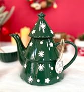 Domini Christmas Tree 28oz Teapot- Earthenware, Festive Holiday Serveware, Brewing Warm Winter Dr...