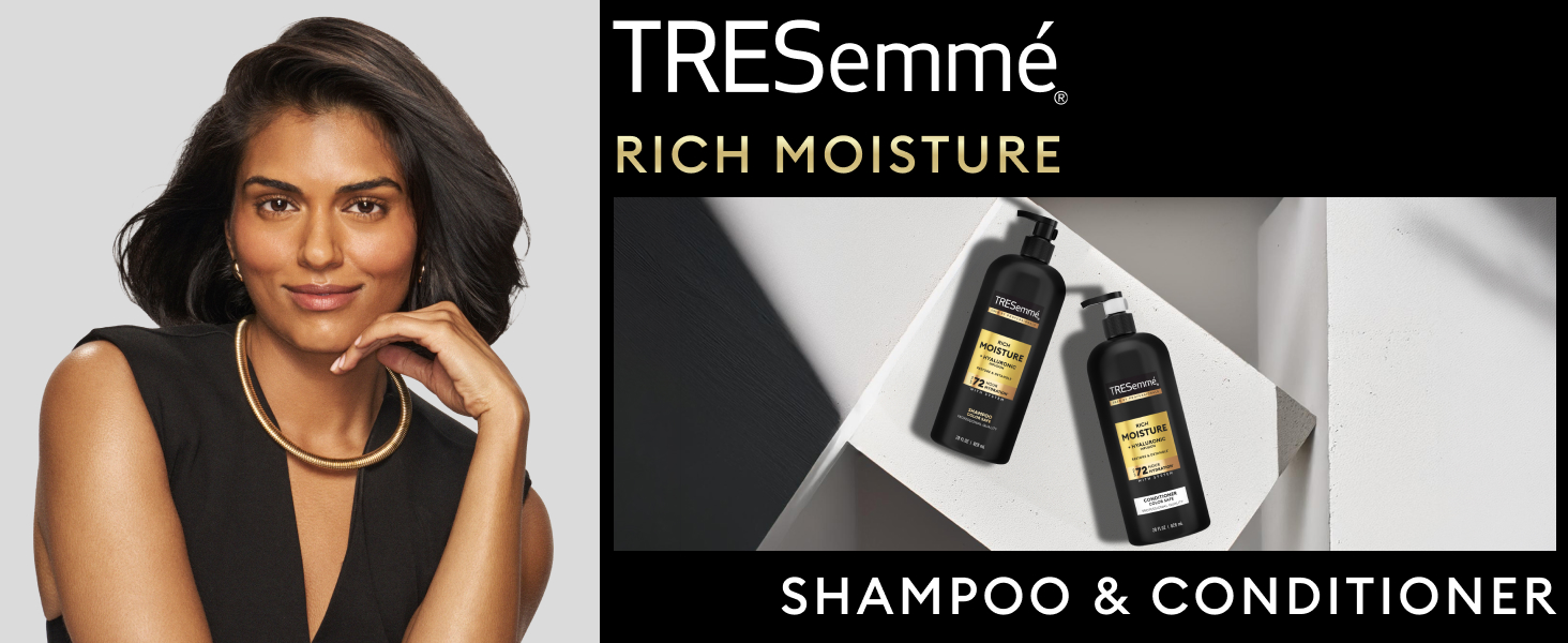 Woman with beautiful healthy-looking hair next to an image of product&amp;#39;s bottles.