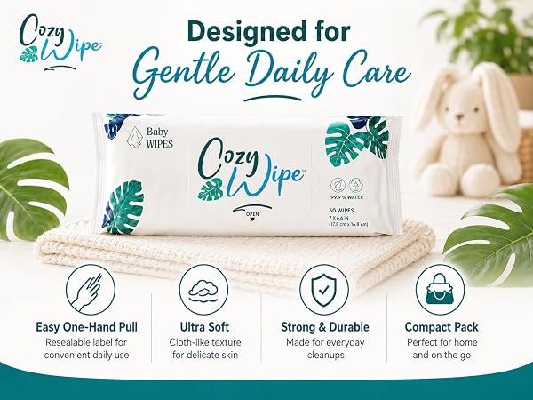 Cozy Wipe soft pack showing resealable label, cloth-like wipe, and daily-use features.