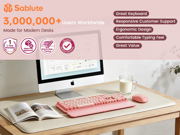 Pink wireless keyboard mouse combo with wrist rest on modern desk setup comfortable typing feel
