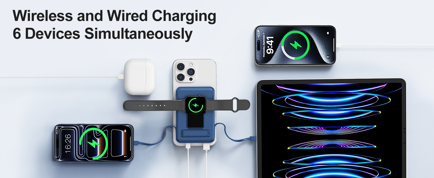 Text reads 'Wireless and Wired Charging'. Multiple screens showing device charging interface with glowing indicators and connection status symbols.