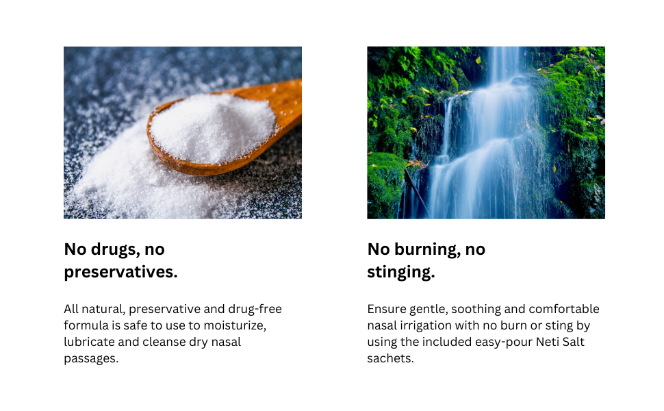 All natural, preservative and drug-free formula to moisturize and cleanse dry nasal passages