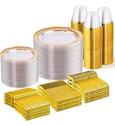WELLIFE 600 PCS Clear Gold Disposable Dinnerware Set for 100 Guests, Clear and Gold Plastic Plate...