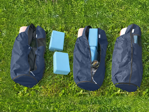 Fits a small yoga mat (68 x 24 x 4.5 in) in the side pocket and yoga blocks in the main opening.