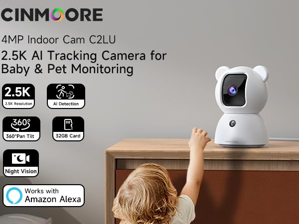 CINMOORE 4MP Indoor Cam 2.5K AI Tracking Camera for Baby Pet Monitoring, 32GB Card Included