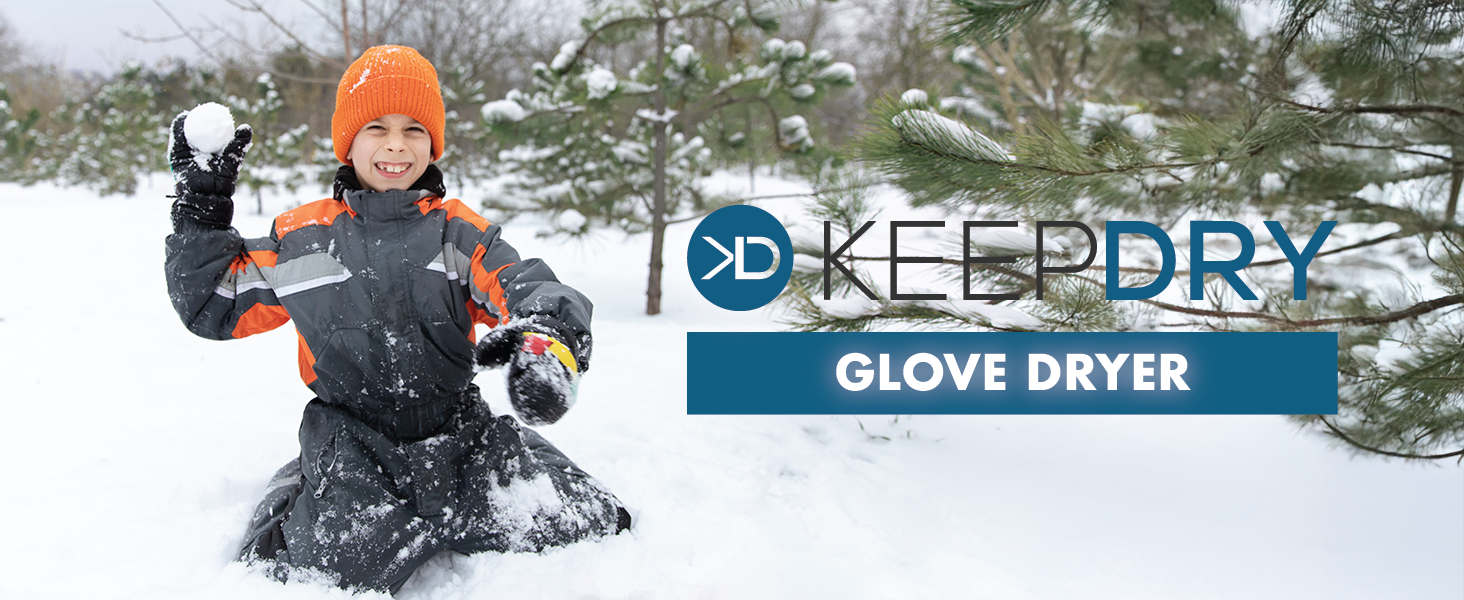 A boy prepares to throw a snowball. Text reads "KeepDry Glove Dryer"