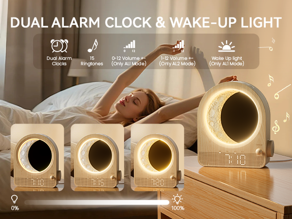 Dual alarm clock with wake-up light feature. Four wooden-framed devices with circular light displays, showing brightness levels. Person stretching in bed. Icons indicate dual alarms, ringtones, and volume settings.