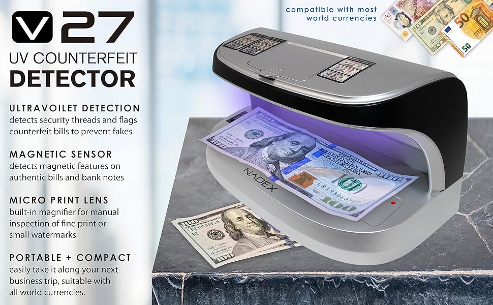 Nadex V27 Desktop UV Counterfeit Detector with Micro Print Magnifier- UV/Magnetic/Infrared Sensor