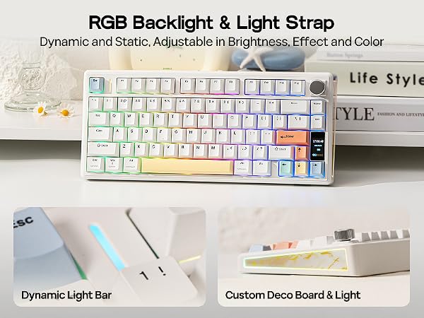 Text reads 'RGB Backlight &amp; Light Strip', 'Life Style', 'Dynamic LED Strip', 'Dynamic Light'. Gaming keyboard with customizable RGB lighting features.