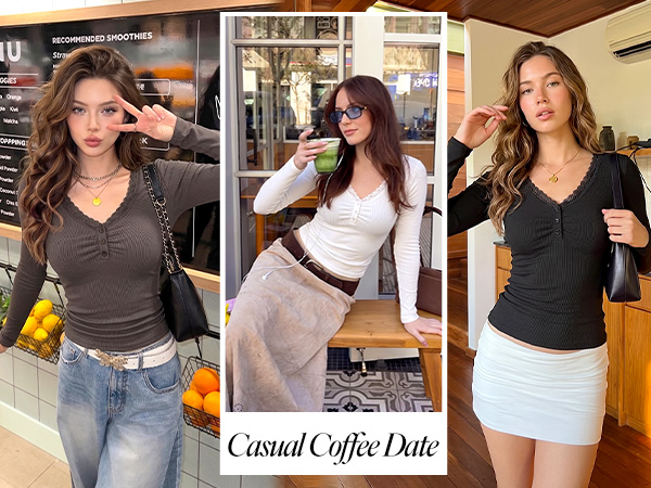 Women&amp;#39;s Lace Trim V Neck Cute Tops