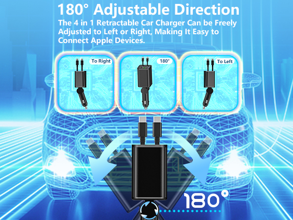 MFi Certified 120W 4-IN-1 Retractable Car Charger USB C PD/QC Type C Fast Charging Cigarette Light