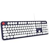 MOWUX Computer Keyboard Wired, Plug Play USB Retro Round Typewriter Keyboard, Full Size Wired Key...