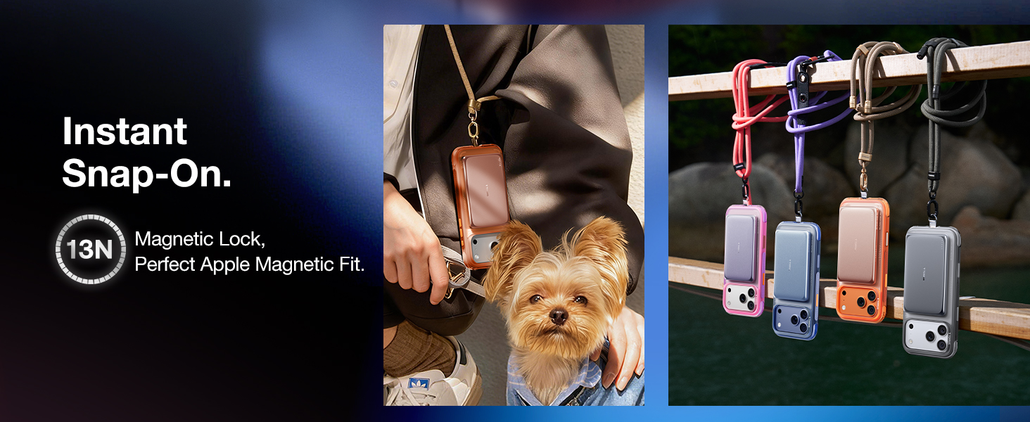 Stylish Snap-On Power Bank, Hands-Free Lanyard Charging, Versatile Magnetic Grip, Active Lifestyle.