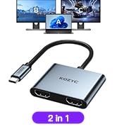 USB-C hub adapter for multiple displays. Silver device with ports connects to laptop, enabling use of two monitors. Text '2 in 1' visible.