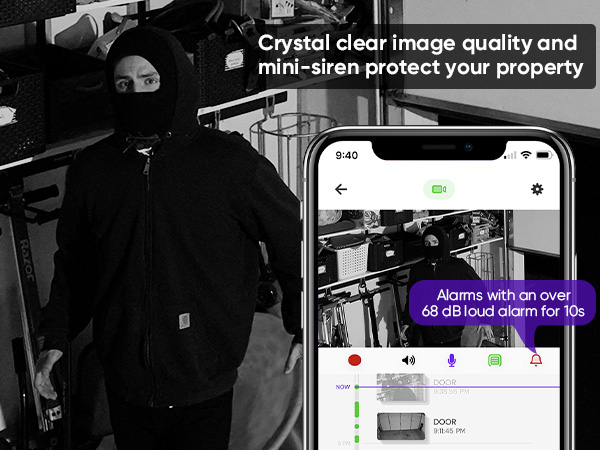 Crystal clear image and mini-siren protect your property. Alarms with over 68 dB loud alarm for 10s