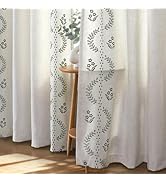 Joydeco Olive Green Embroidered Curtains 63 Inch Long 2 Panel Set, Vintage Floral Linen Drapes fo...