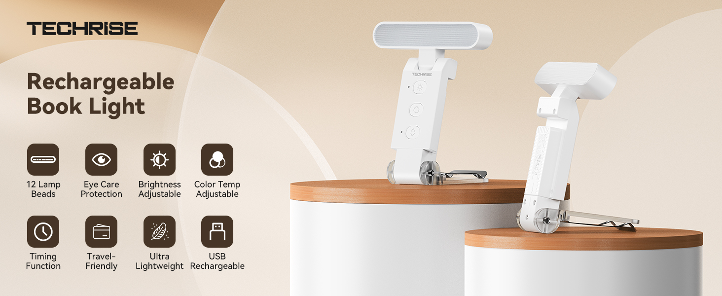 TechRise Book Light, 12 LED Rechargeable Reading Lamp with 5 Color Modes &amp;amp; 6 Brightness Levels, 80H