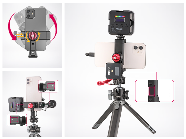 ULANZI ST-27 Phone Tripod Mount, 360° Metal Phone Holder for Tripod w 3 Cold Shoes &amp; Arca Port