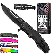 Safety Lock Pocket Knife - 3.4-inch Sharp Blade - Folding Tactical Black Knives with Aluminum Han...
