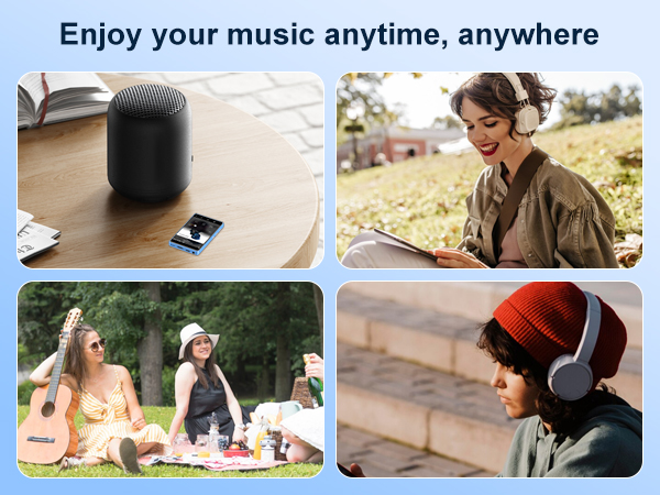 Collage showcasing portable audio device usage: indoor with smartphone, outdoor listening, group picnic, and individual use with headphones.