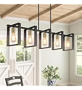 5-Light Black Gold Dining Room Light Fixture, 53’’ Farmhouse Wood Chandelier Kitchen Island Light...