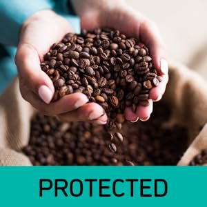 Close up of a woman’s hands holding handfuls of coffee beans on top of a coffee bag