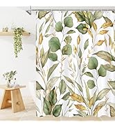 Litabel Green Gold Plant Shower Curtain, Botanical Leaves on White Background Natural Curtain Set...